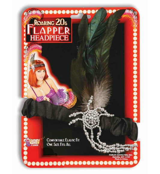 Roaring 20s Charleston Flapper Black Headpiece and Feather Costume Accessory A comfortable elastic fitting headpiece with a feather