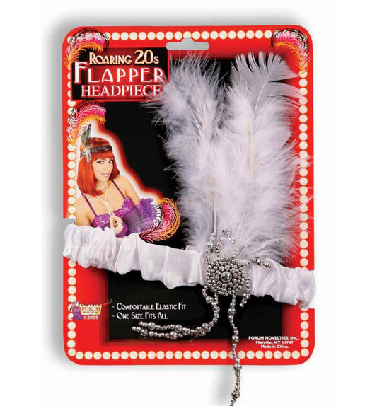 Roaring 20s Charleston Flapper White Headpiece and Feather Halloween Costume Accessory A comfortable elastic fitting headpiece with a white feather