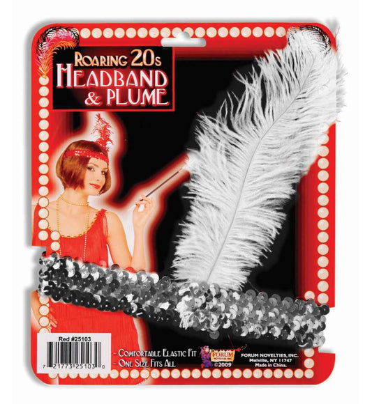 Roaring 20s Flapper Silver Headband and White Plume Halloween Costume Accessory A comfortable elastic fitting headband with a white feather