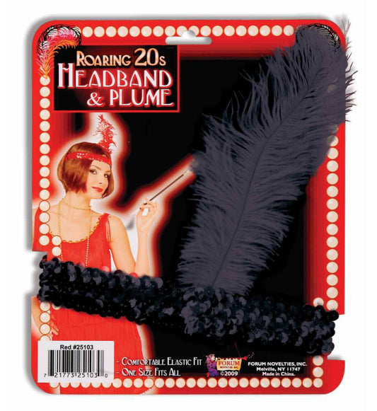 Roaring 20s Flapper Black Headband and Black Plume Halloween Costume Accessory A comfortable elastic fitting headband with a black feather