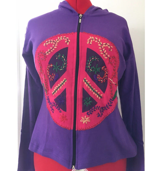Hippie 60's Peace Sign Hoodie Adult Costume Accessory Purple hooded jacket with multi-colored peace sign