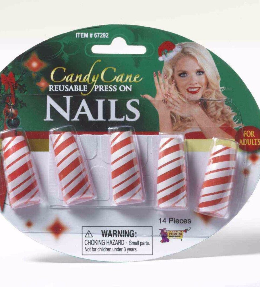 Candy Cane Christmas Reusable Press On Nails Adult Costume Accessory 10 nails and 10 adhesive tabs