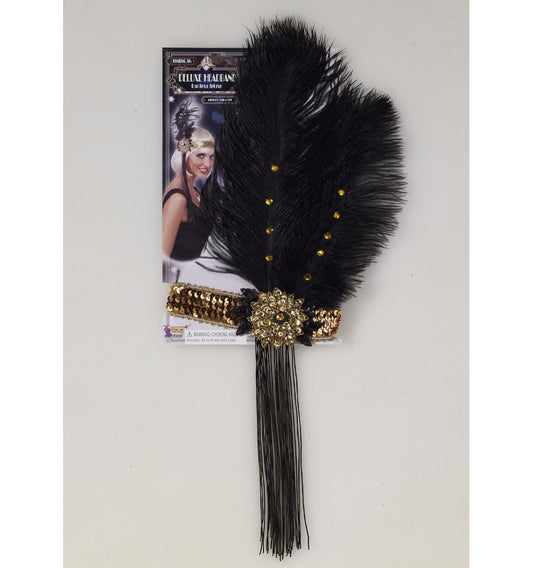 Roaring 20s Deluxe Gold Flapper Headband with Black Feather Costume Accessory A comfortable elastic fitting gold headband with black feather