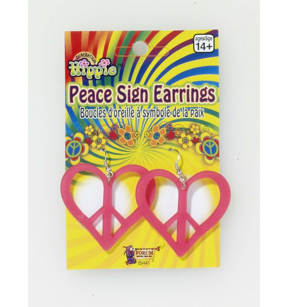 Hippie 60's Heart Peace Sign Pink Earrings