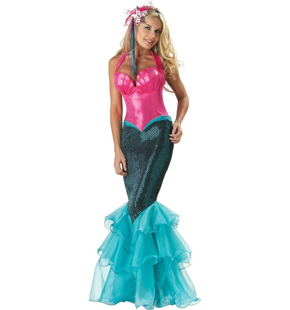 Mermaid Adult Costume Fitted gown with shimmer stretch corset top Sequin skirt with ruffled organza fin plus sequin starfish headpiece