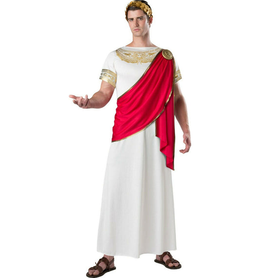 Julius Caesar Emperor Roman Greek Toga Adult Costume Robe with gold foil leaf print Shoulder drape Headpiece Sculpted shoulder medallion
