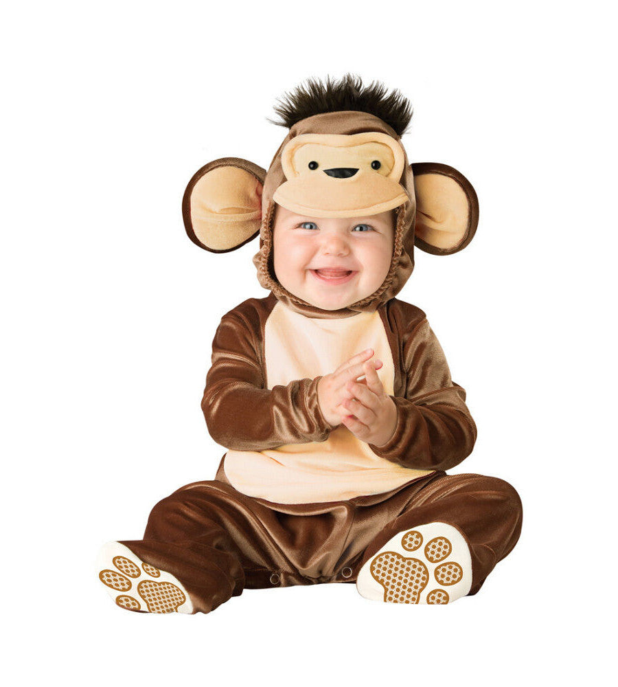 Mischievous Monkey Animal Baby Infant Costume Hood with plush tuft Jumpsuit with snaps for easy diaper change and skid resistant feet