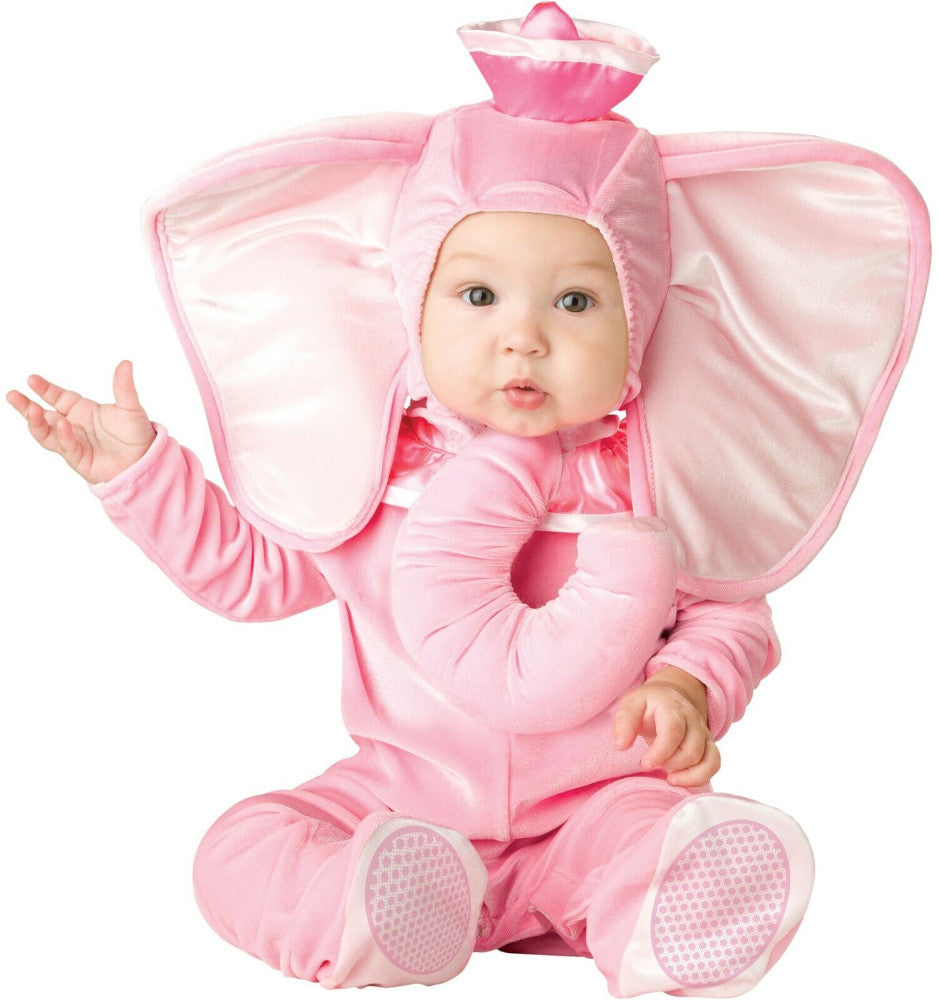 Pink Elephant Animal Infant Toddler Costume Hood with attached trunk Hat Jumpsuit with snaps for easy diaper change and skid resistant feet
