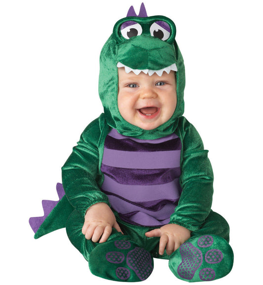 Dinky Dino Dinosaur Infant Costume Hood with spine Jumpsuit with attached tail, snaps for easy diaper change and skid resistant feet