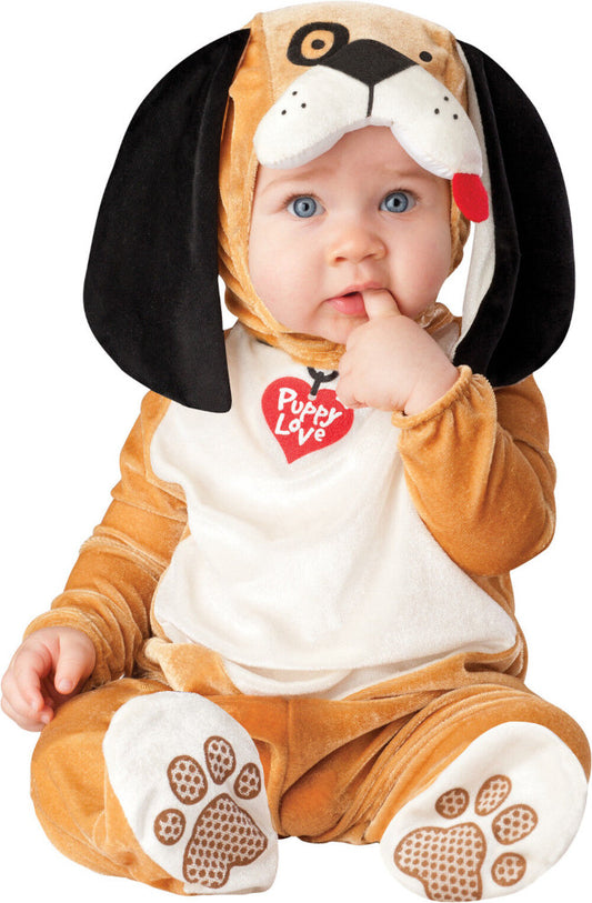Puppy Love Dog Animal Infant Toddler Costume Hood with ears Jumpsuit with snaps for easy diaper change Skid resistant feet