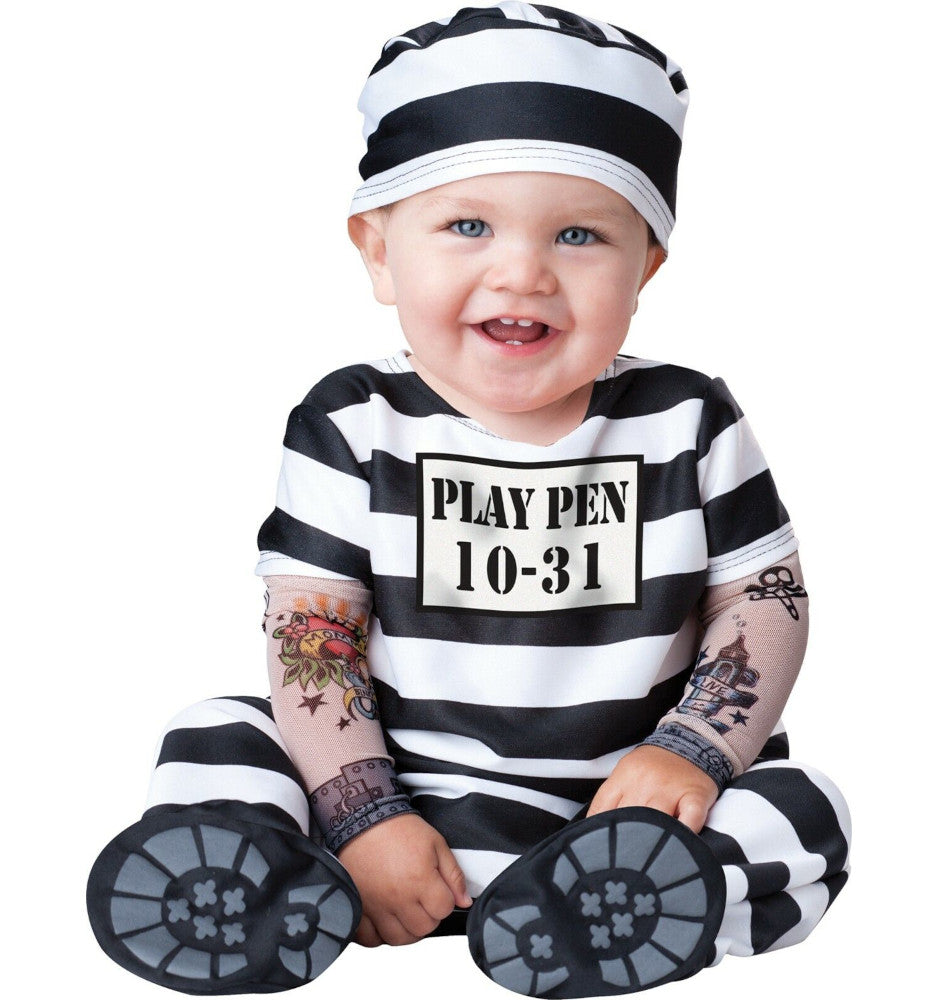 Time Out Prisoner Convict Inmate Baby Infant Costume Cap Jumpsuit with attached mesh tattoo sleeves, snaps for easy diaper change and skid resistant feet