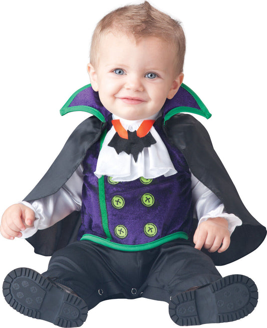 Count Cutie Dracula Vampire Infant Toddler Costume Jumpsuit with detachable cape and attached jabot and bat pendant with snaps for easy diaper change.