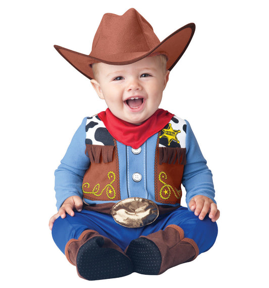 Wee Wrangler Western Cowboy Infant Toddler Costume Cowboy hat Fringed jumpsuit with printed vest, snaps for easy diaper change and attached booties with skid resistant feet.