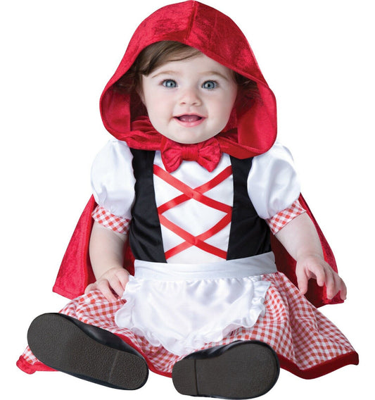 Little Red Riding Hood Baby Infant Costume Hooded cape with bow closure Jumpsuit with faux lace-up front, attached skirt and apron and snaps for easy diaper change