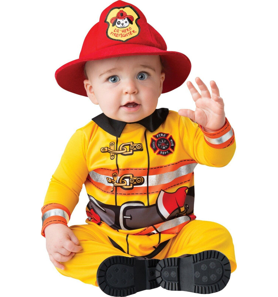 Fearless Firefighter Fireman Baby Infant Costume Hat with embroidered logo Jumpsuit with printed jacket and snaps for easy diaper change.