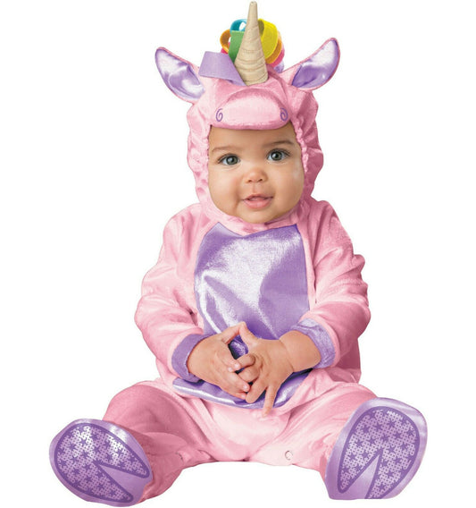 Little Pink Unicorn Mythical Horse Animal Infant Costume Hood with rainbow mane Jumpsuit with snaps for easy diaper change and skid resistant feet.