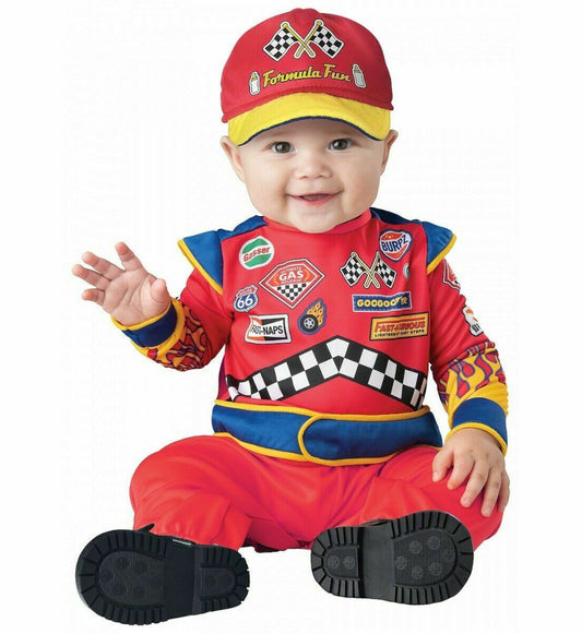 Burning Rubber Racer Race Car Driver Infant Costume Jumpsuit. Jumpsuit features snaps for easy diaper change. Hat