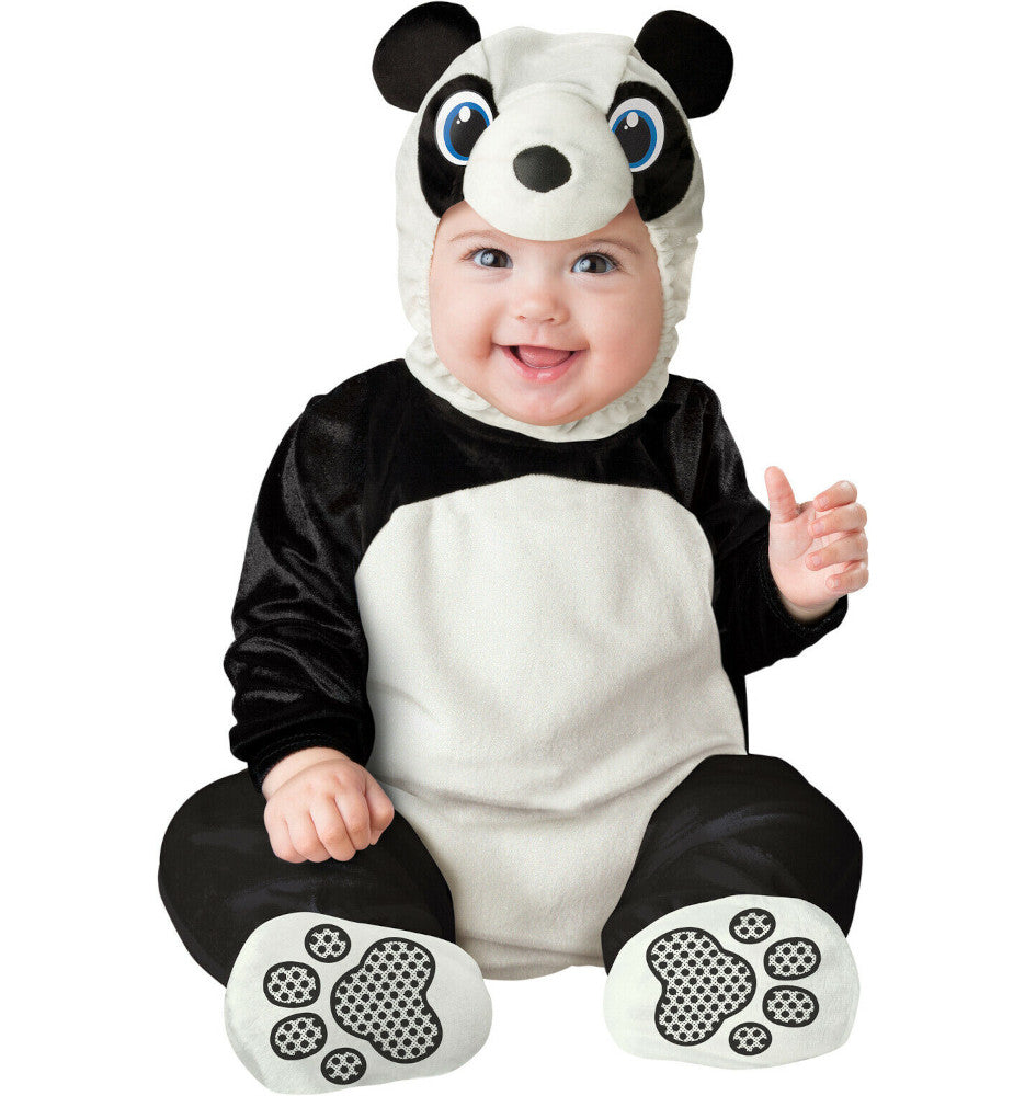 Baby Panda Bear Animal Baby Infant Costume Hood with ears Jumpsuit with attached booties. Jumpsuit features snaps for easy diaper change and skid resistant feet.