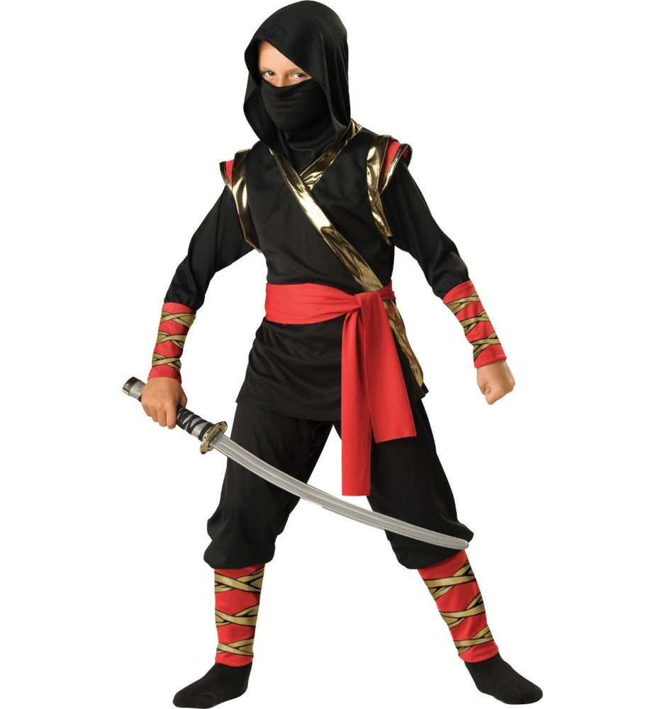 Ninja Warrior Martial Arts Child Costume Top with attached hood Pants Waist sash Face mask