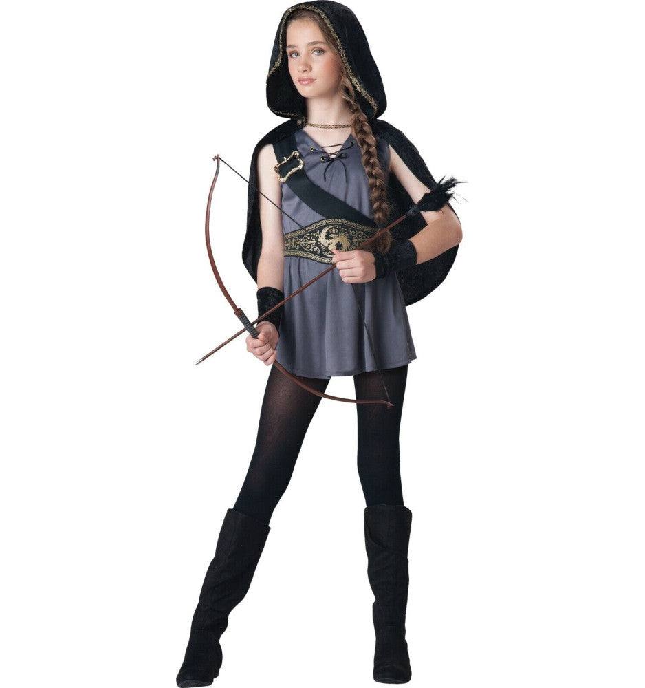 Hooded Warrior Huntress Medieval Girls Tween Costume Hooded cape with chain closure Tunic dress with lace-up front and attached shoulder strap Printed gauntlets Waist cinching belt