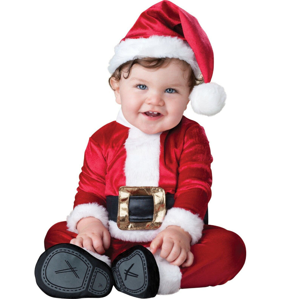 Baby Santa Clause Suit Infant Costume Hat Jumpsuit with snaps for easy diaper change and skid resistant feet.