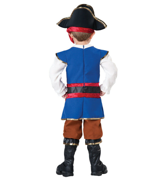 Pirate Boy Toddler Costume Jumpsuit with gauze sleeves, gold trim, attached sash and belt Boot covers Printed hat with gold trim and attached head sash
