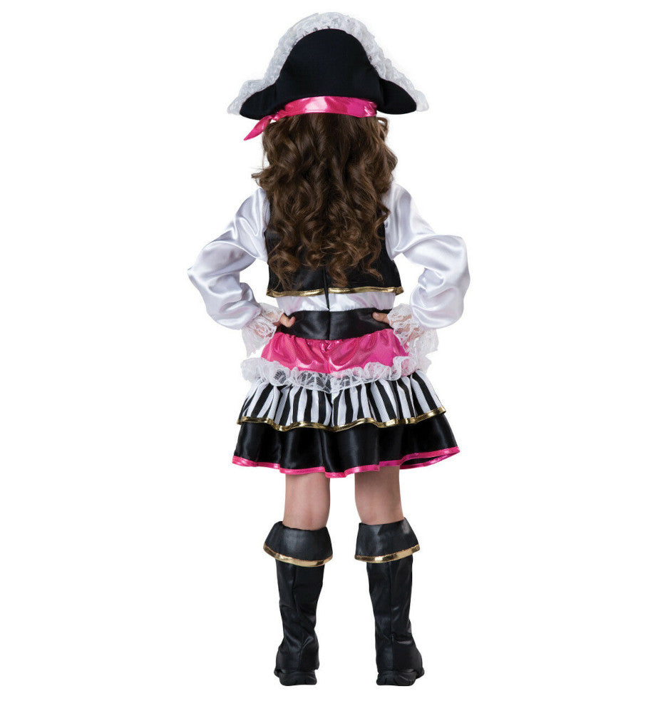 Pirate Girl Toddler Costume Dress with pink and gold lame and lace accents and attached belt Printed hat with lace trim and attached lame head sash and boot covers.