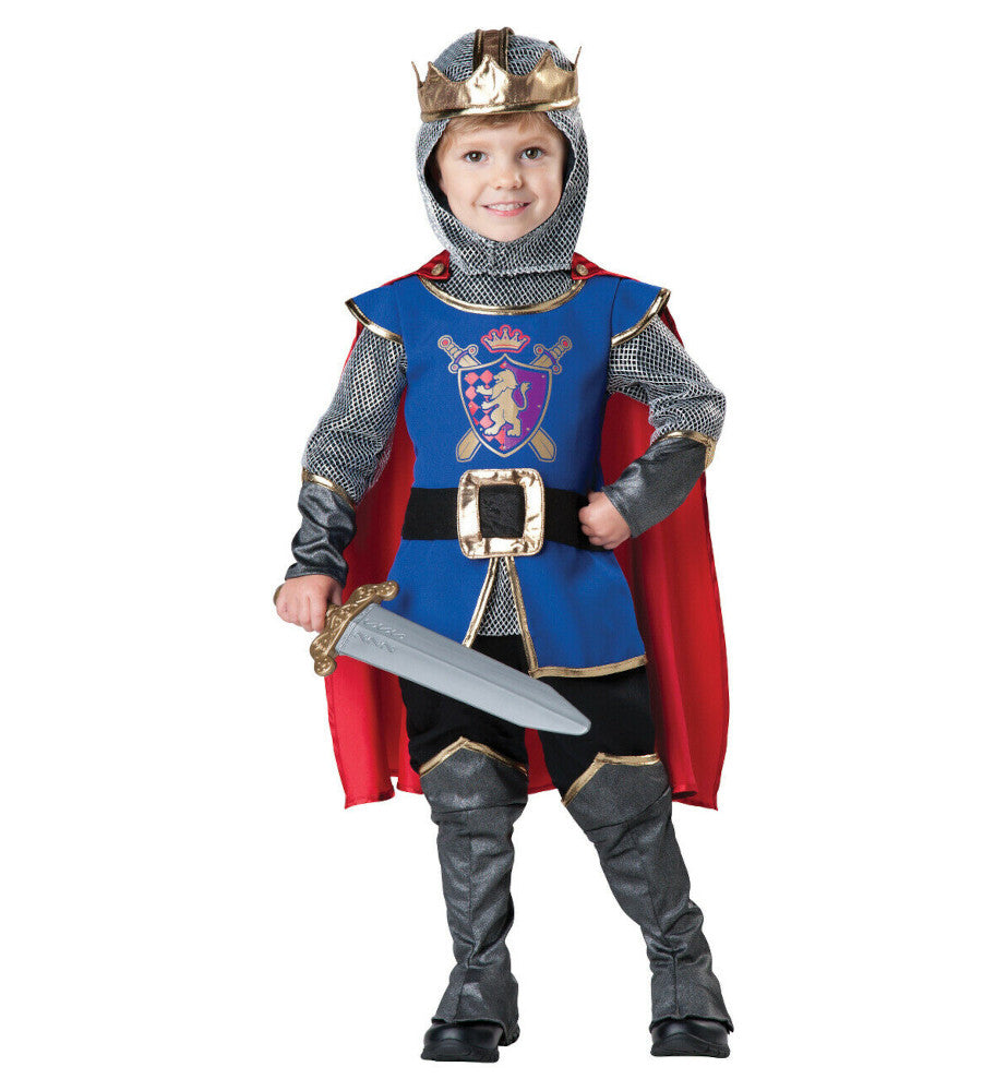 Knight Renaissance Toddler Costume Faux chainmail jumpsuit with attached tunic Belt Gauntlets and boot covers with gold trim accents Detachable satin cape Hood with attached gold crown