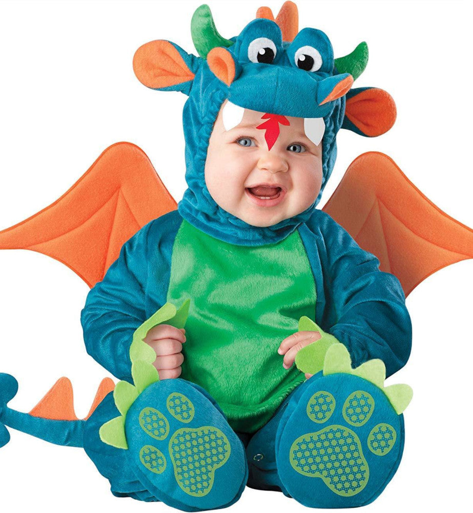 Dinky Dragon Infant Costume Lined zippered jumpsuit with leg snaps for easy diaper change Attached tail Hood with horns and spine Detachable wings Plus slip-on booties with skid resistant bottoms