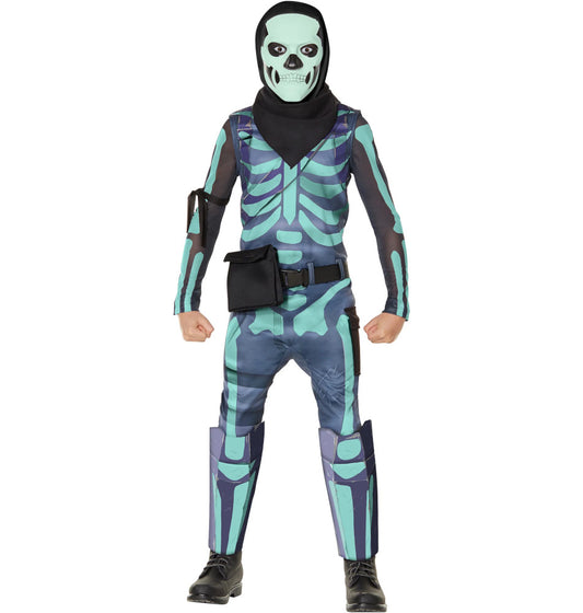 InSpirit Designs Youth Fortnite Glow In The Dark Skull Trooper Costume Jumpsuit Bandana Shin guards Belt Glow in the dark mask with attached hood