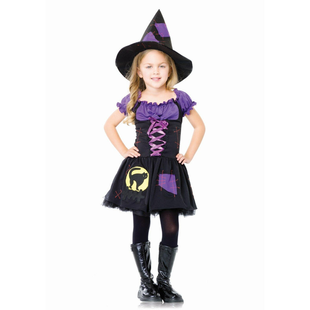 Black Cat Witch Girls Child Costume Dress Hat