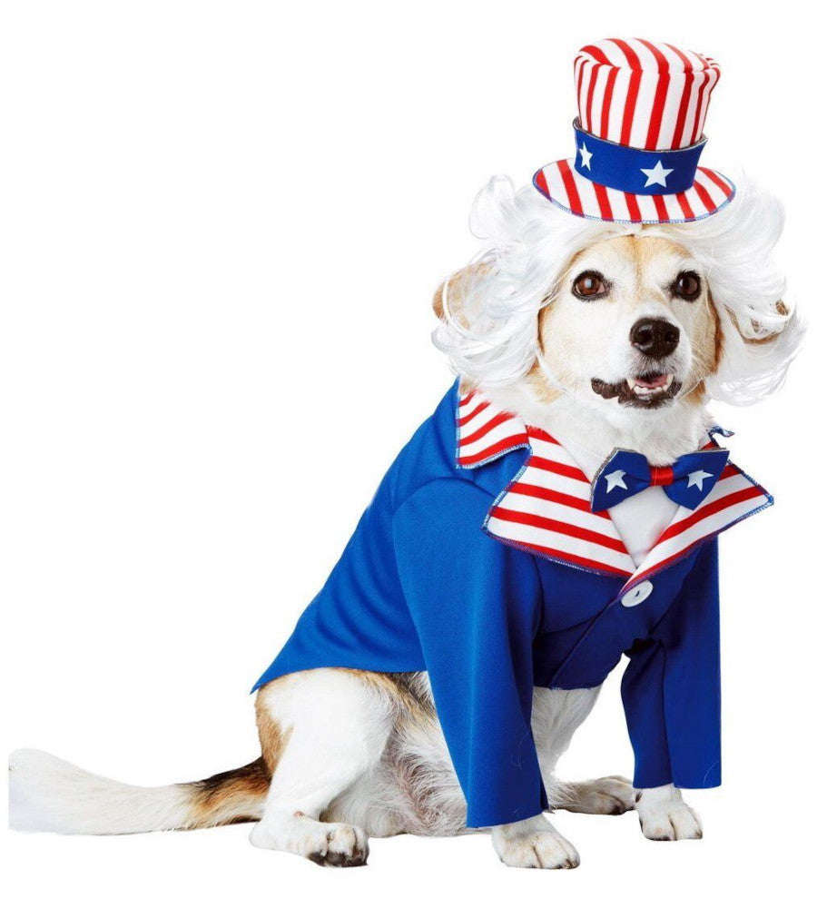 Uncle Sam USA Patriotic July 4th Dog Pet Costume Jacket with attached shirt and bow tie Hat with band Wig with band