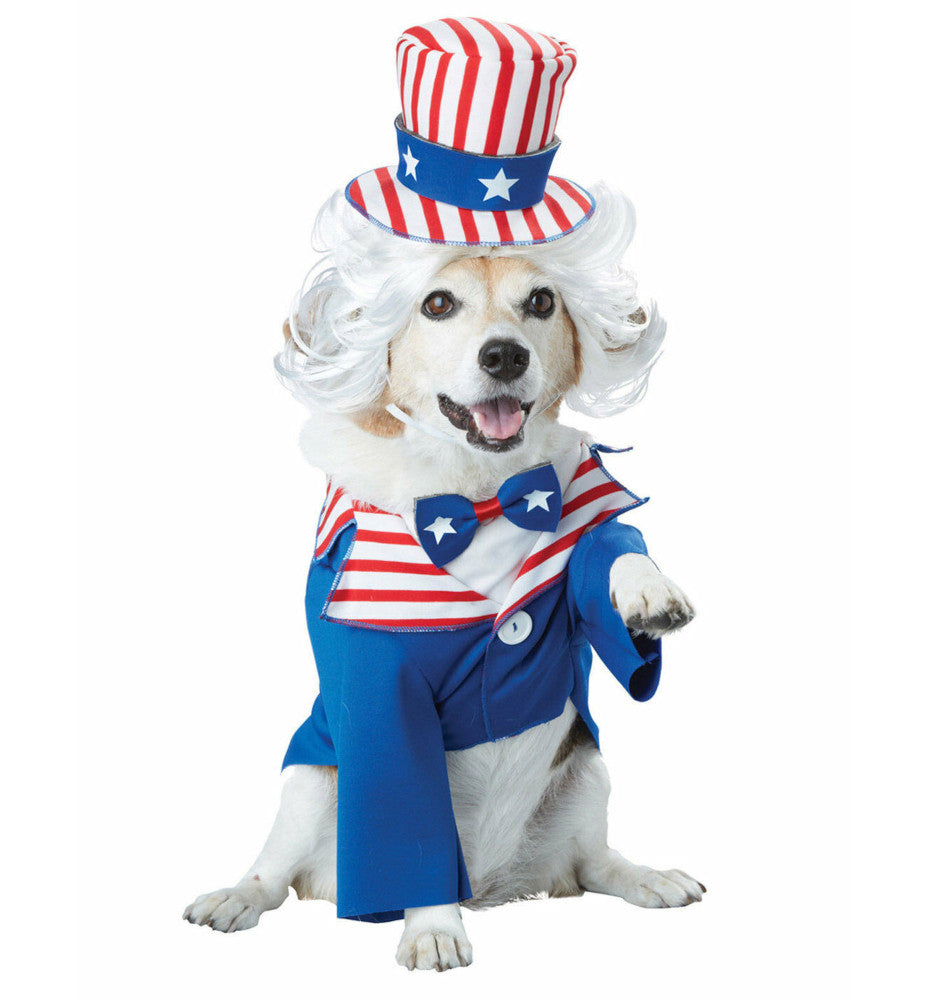 Uncle Sam USA Patriotic July 4th Dog Pet Costume Jacket with attached shirt and bow tie Hat with band Wig with band