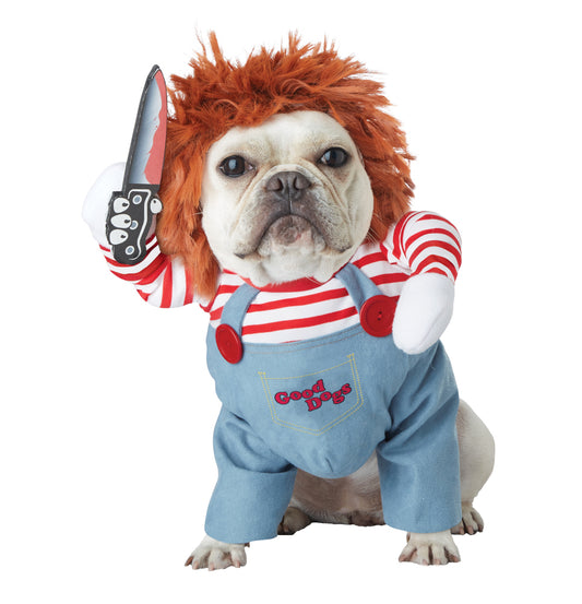 Deadly Doll Chucky Scary Dog Pet Costume Costume with attached arms Wig Foam knife