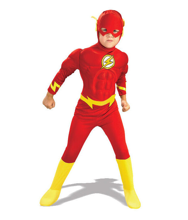 DC Comics Justice League The Flash Superhero Muscle Chest Deluxe Child Costume Muscle chest jumpsuit with attached boot tops Belt Headpiece