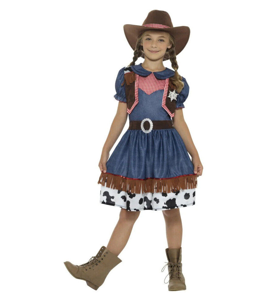 Texan Cowgirl Western Girls Child Costume Dress Attached waistcoat Hat