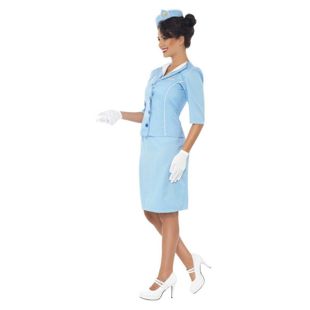 Air Hostess Retro Stewardess Flight Attendant Adult Costume Jacket and mock collar Hat Skirt Gloves