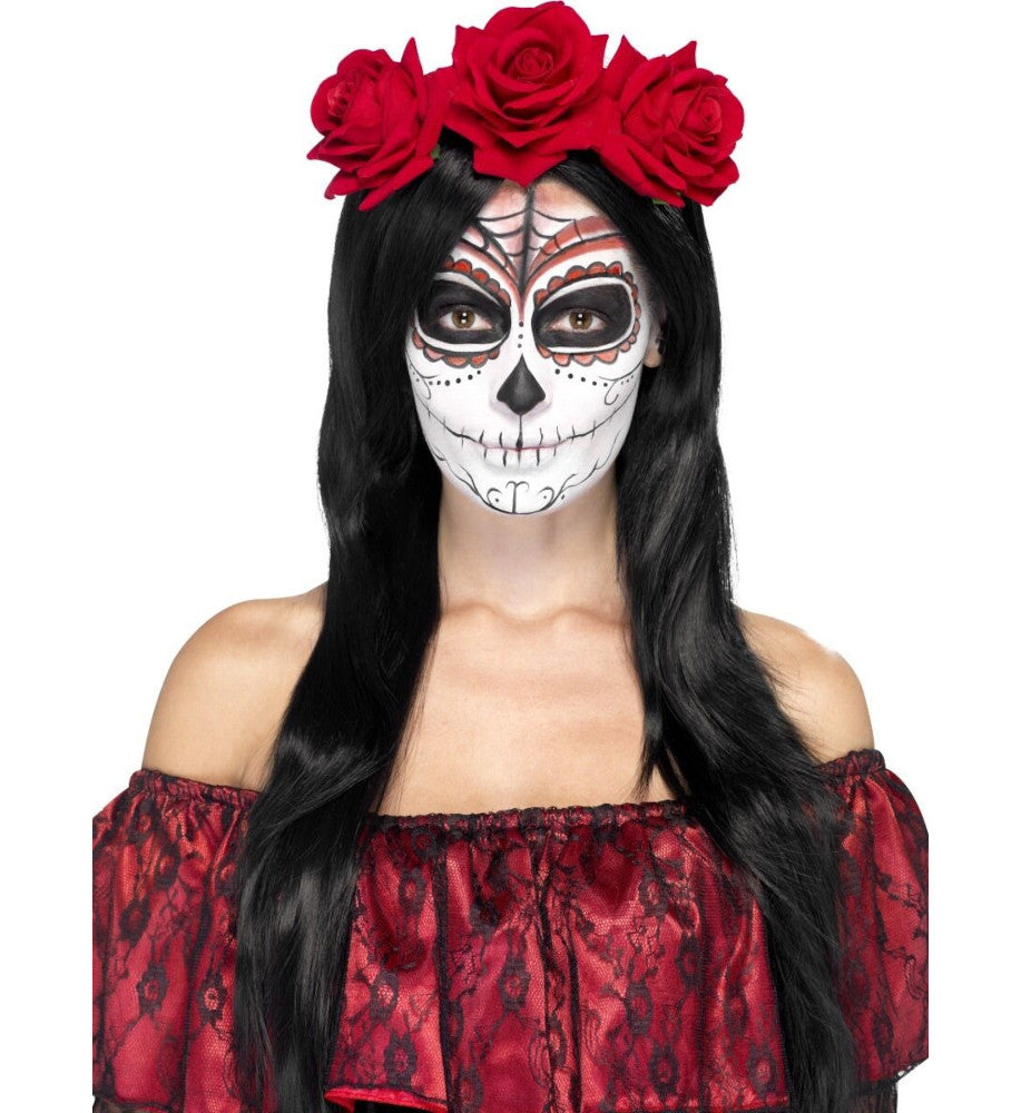 Day of the Dead Headband with Red Roses Adult Costume Accessory Black headband with red roses