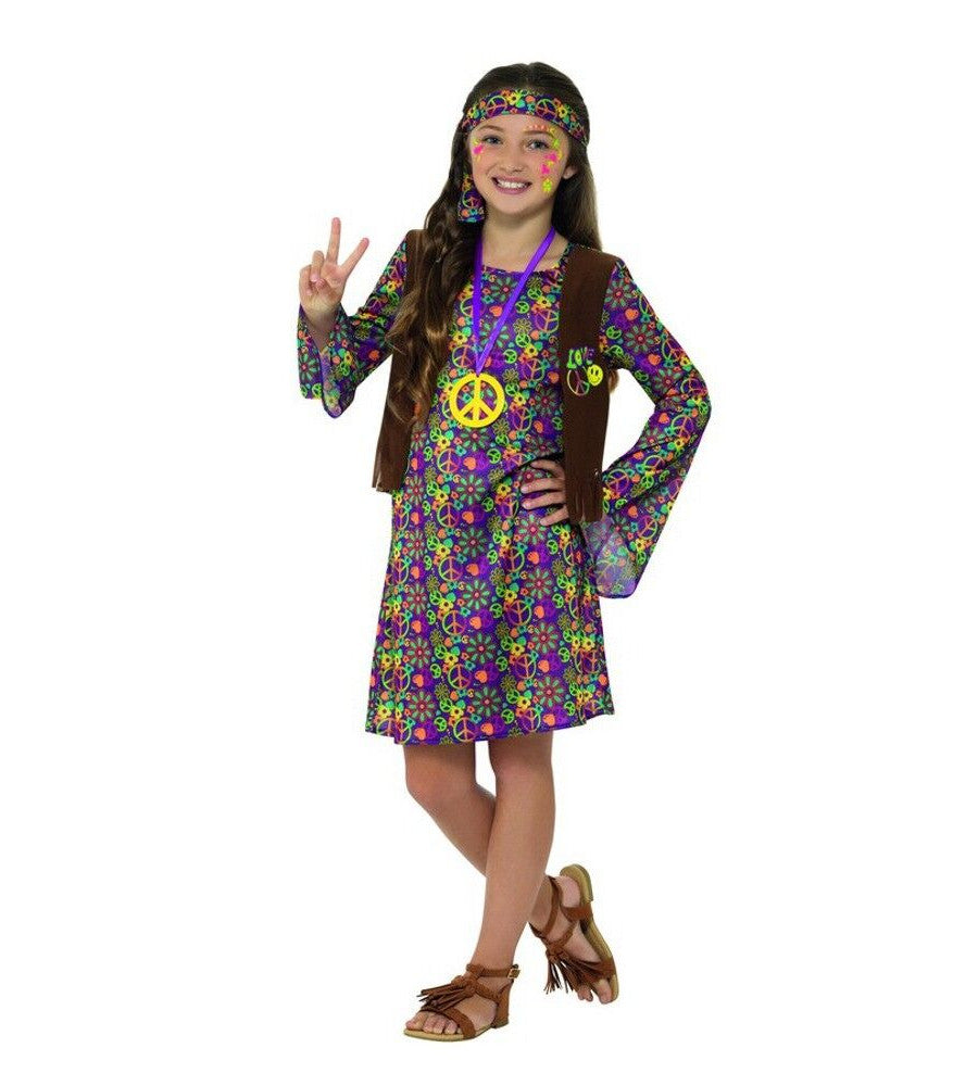 Hippie Girl Groovy 60s 60's Retro Child Costume Dress with attached fringe vest Headband Peace medallion