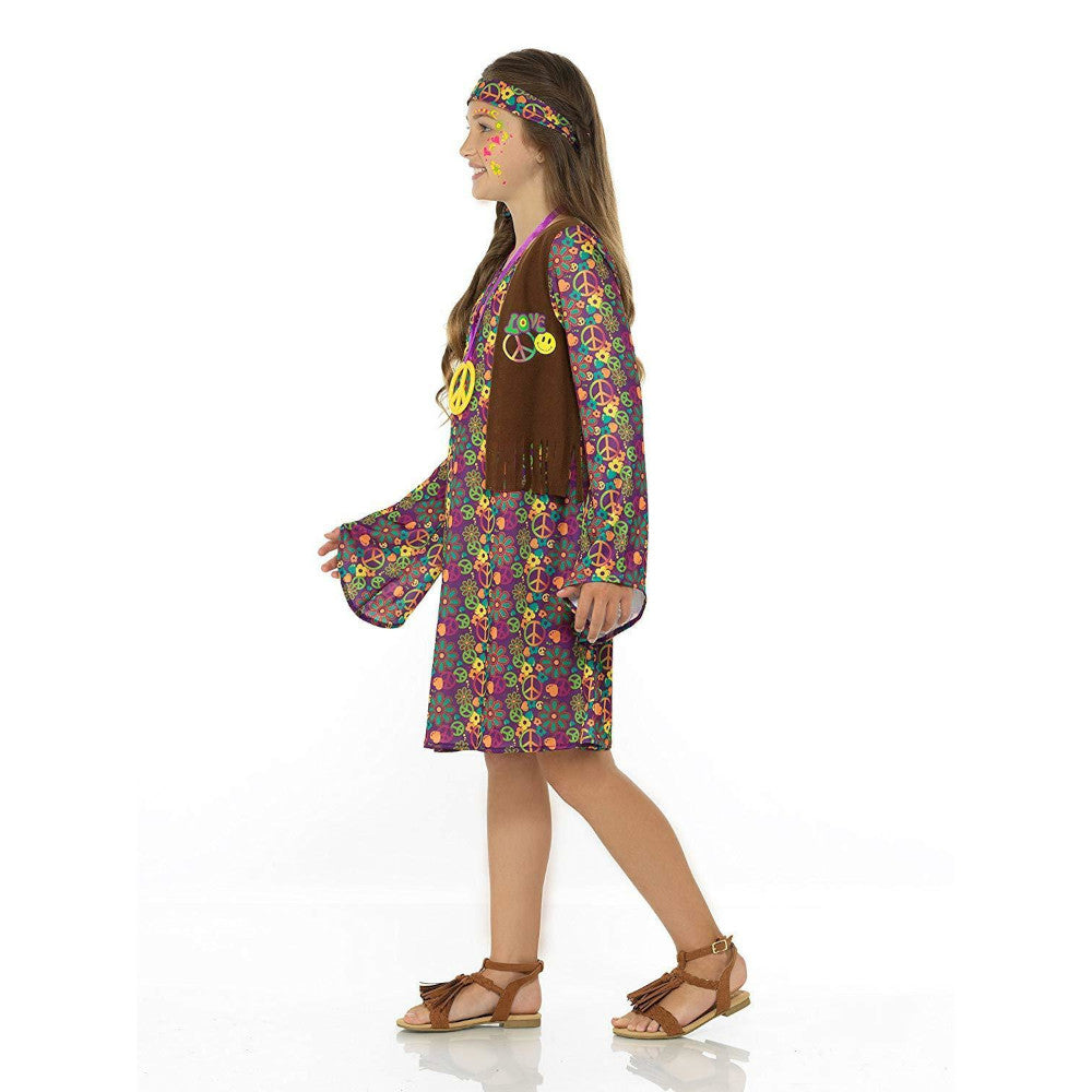 Hippie Girl Groovy 60s 60's Retro Child Costume Dress with attached fringe vest Headband Peace medallion