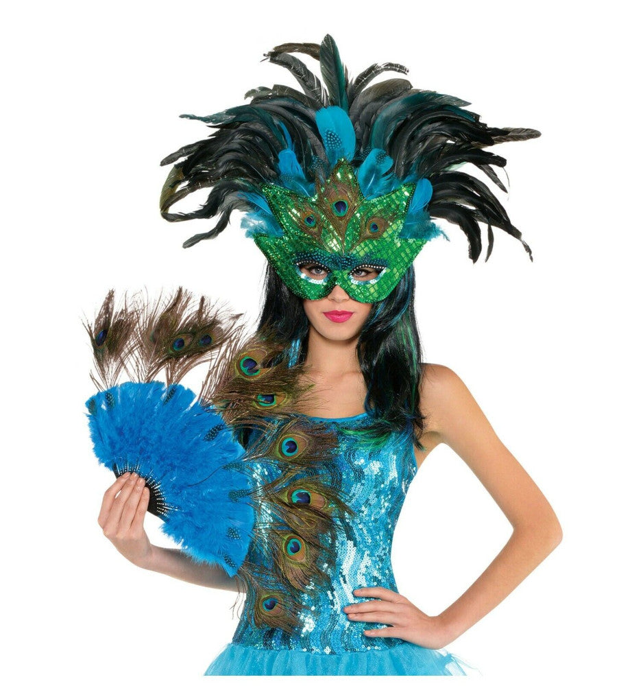 Peacock Feather Masquerade Mask and Fan Costume Accessories