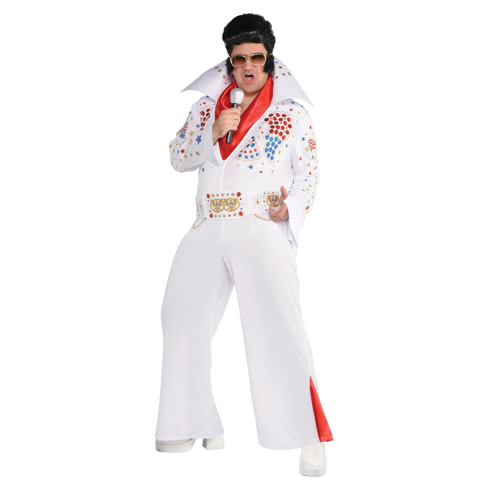 King of Rock and Roll Vegas Adult Men Costume White jumpsuit Red Neck Scarf Belt