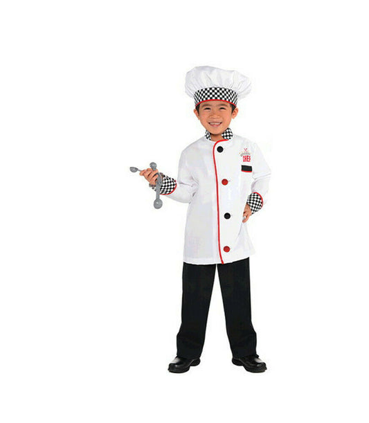 Amazing Me Chef Cook Uniform Kit Child Costume Jacket Hat Oven mitt.  Mitt is not a functional oven mitt. Whisk 4 measuring spoons