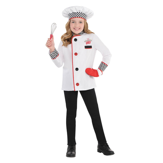 Amazing Me Chef Cook Uniform Kit Child Costume Jacket Hat Oven mitt.  Mitt is not a functional oven mitt. Whisk 4 measuring spoons