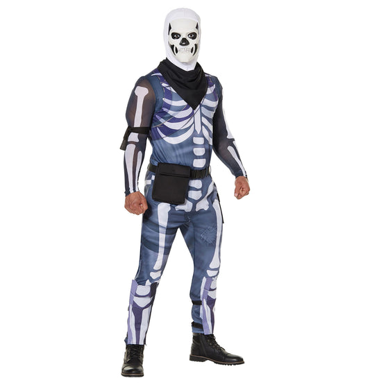 InSpirit Designs Fortnite Skull Trooper Adult Costume Jumpuit Mask with attached hood Bandana Belt Pouch 2 Shin guards