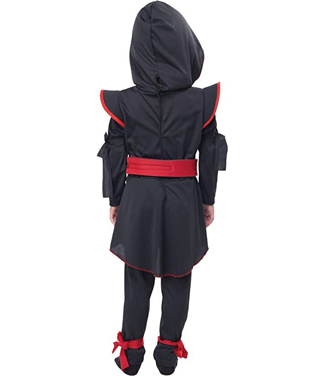 Lil’ Ninja Girl Toddler Costume Tunic with attached hood Leggings Belt with foam ninja star Face mask Arm ties Leg ties