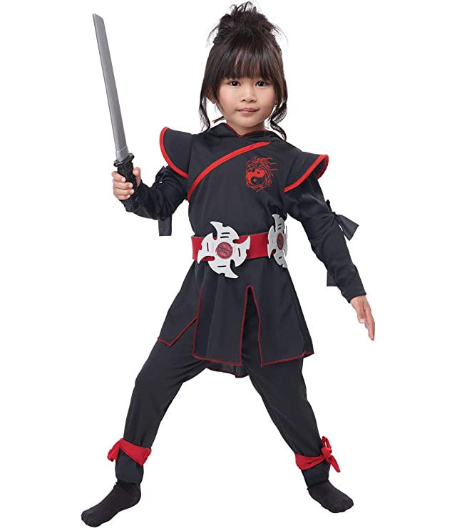 Lil’ Ninja Girl Toddler Costume Tunic with attached hood Leggings Belt with foam ninja star Face mask Arm ties Leg ties